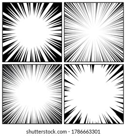Comic-Buch Radiallinien-Kollektion. Comics Hintergrund mit Bewegung, Geschwindigkeitslinien. Vektorgrafik.