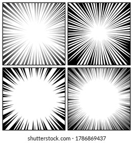 Comic-Buch Radiallinien-Kollektion. Comics Hintergrund mit Bewegung, Geschwindigkeitslinien. Vektorgrafik.
