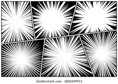 Comic book radial lines collection. Comics background with motion, speed lines. Vector illustration.