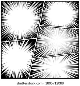 Colección de líneas radiales de historietas. Comics de fondo con movimiento, líneas de velocidad. Ilustración vectorial.