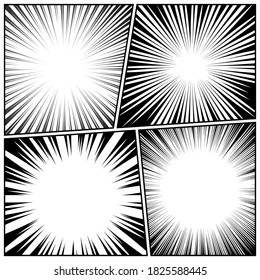 Comic-Buch Radiallinien-Kollektion. Comics Hintergrund mit Bewegung, Geschwindigkeitslinien. Vektorgrafik.