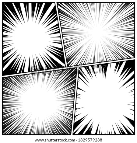Comic book radial lines collection. Comics background with motion, speed lines. Vector illustration.