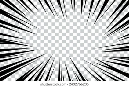 Comic book radial lines on transparent background. Manga speed frames, superhero action. Black and white vector retro illustration