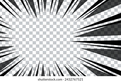 Líneas radiales de cómic sobre fondo transparente. Marcos de velocidad del manga, acción del superhéroe. Ilustración retro de vector blanco y negro