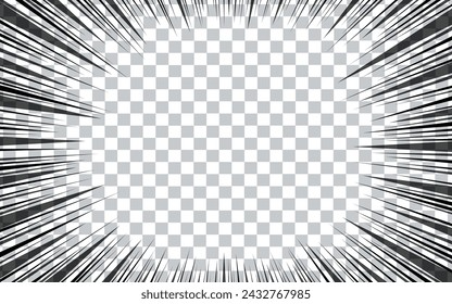 Comic book radial lines on transparent background. Manga speed frames, superhero action. Black and white vector retro illustration