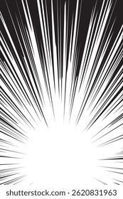 Raios radiais de quadrinhos, mangá ou linhas de velocidade de anime, efeitos de zoom e movimento. Plano de fundo de ação de desenhos animados. Elementos de estilo da pop art. Ilustração vetorial