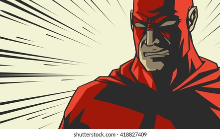 Comic book red stylized superhero Cry face on radial lines square background Print vector illustration