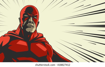 Comic book red stylized superhero Cry face on radial lines square background Print vector illustration