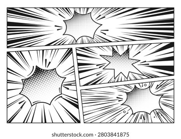 Comic book retro background with empty speech bubbles, cartoon frames, and pop art pattern for sound effects, vector illustration. Manga style template with halftone dots and dynamic motion strips