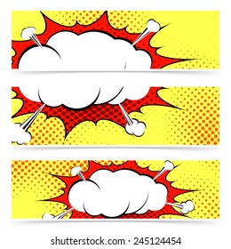 Comic book retro style web header or footer collection with blasting explosion steam cloud. Vector illustration