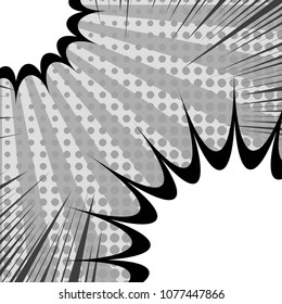 Comic book retro template with blank speech bubbles in corners radial rays and halftone humor effects in gray colors. Vector illustration