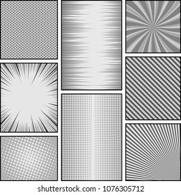 Comic book retro template with radial dotted halftone slanted lines rays humor effects in gray colors. Vector illustration