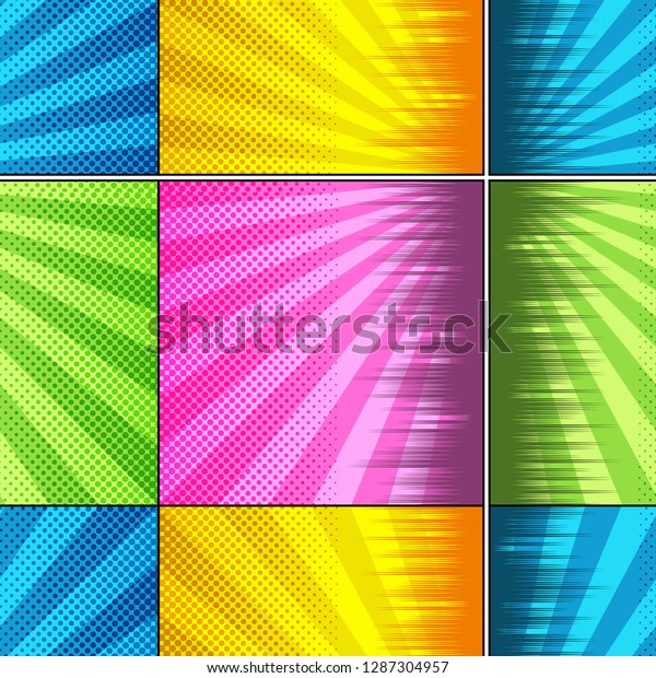 Comic book\
seamless pattern with radial rays and halftone effects in blue\
yellow blue pink colors. Vector\
illustration