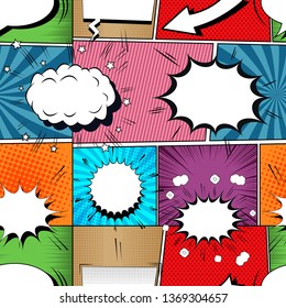 Comic book seamless pattern with speech bubbles stars clouds arrow sound and humor effects. Vector illustration