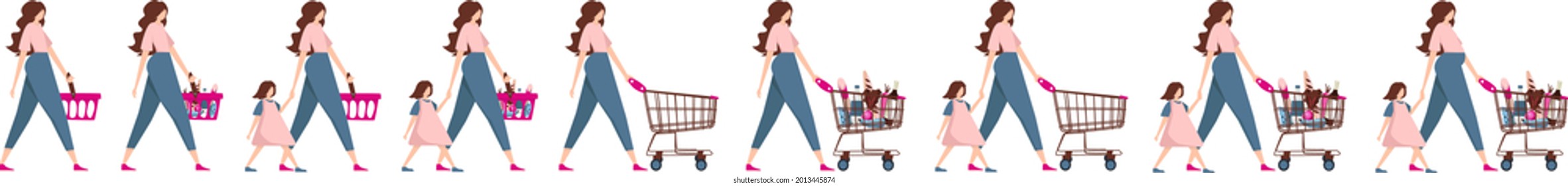 Comic book series. Mom pushes a full shopping cart and holds the child by the hand. The family of a mother and child in a grocery store. flat vector illustration. All stages of purchases.