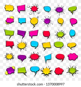 Comic book set text speech bubble in pop art style. Halftone background talk chat retro speak message. Empty colored blank text bubble for comment. Comic message text empty speech bubble wow boom set!