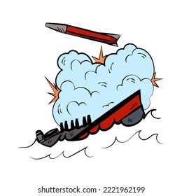 Historieta de barco atacado por la ilustración de la caricatura de misiles. Buques de guerra o barcos peleando en el mar, explotando bombas. Acción militar, concepto de explosión