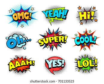 Comic book shouting expression sound effect, joy and cheers speech bubbles, retro halftone pattern