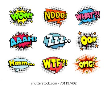 Comic book shouting expression sound effect, joy and cheers speech bubbles, retro halftone pattern