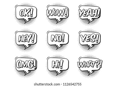 Comic book sound effect speech bubbles, white and black style. Marveling and enjoying expressions. OK, Wow, Yeah, Hey, Yes, No, OMG, Hi, What. EPS 10