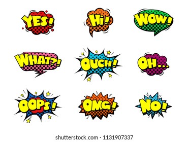 Comic book sound effect speech bubbles with halftone, marveling expressions. Yes, Hi, Wow, What, Ouch, Oh, Oops, OMG, No. EPS 10