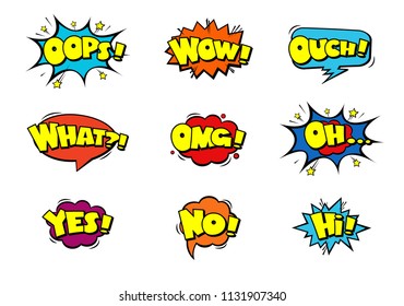 Comic book sound effect speech bubbles, marveling expressions. Yes, Hi, Wow, What, Ouch, Oh, Oops, OMG, No. EPS 10