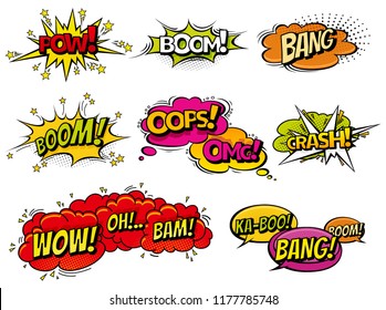 Comic Book Sound Effect Speech Bubbles, Expressions. Collection Vector Bubble Icon Speech Phrase, Cartoon Exclusive Font Label Tag Expression, Sounds Illustration Background. Comics Book Balloon