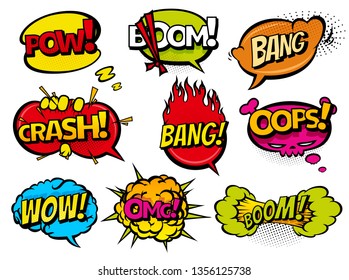 Comic book sound effect speech bubbles  expressions  Collection vector bubble icon speech phrase  cartoon exclusive font label tag expression  sounds illustration background  Comics book balloon