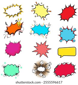 Comic book sound effect speech bubbles with halftone backgrounds. Colorful pop art style for cartoon expressions and illustrations. Perfect for comic designs and templates.

