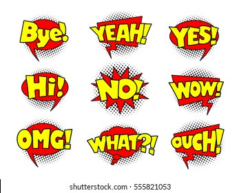 Comic book sound effect speech bubbles, marveling and enjoying expressions