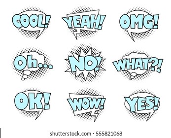 Comic book sound effect speech bubbles, marveling and enjoying expressions