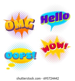 Comic Book Sound Effect Speech Bubbles on Halftone Background. Marveling and Enjoying Expressions