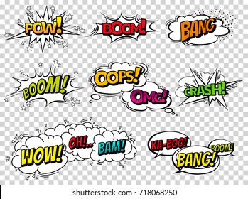 Comic book sound effect speech bubbles, expressions. Collection vector bubble icon speech phrase, cartoon exclusive font label tag expression, sounds illustration background. Comics book balloon svg