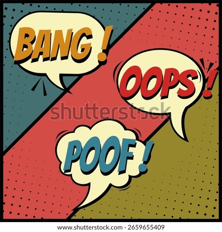 Comic book sound effects BANG, OOPS, POOF