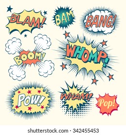 Comic Book Sound Effects - Collection of vintage comic book speech bubbles and sound effects.  Each object is grouped individually and colors are global swatches.   svg