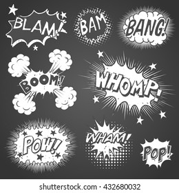 Comic Book Sound Effects - Collection of chalkboard comic book speech bubbles and sound effects. Each object is grouped individually and colors are global swatches. 	
