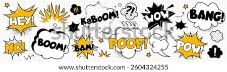 Comic book sound effects set - cartoon style boom, kaboom, wow and bang illustrations for making emotionally vivid speech bubbles. Black and yellow pop art visual elements on notebook page background.