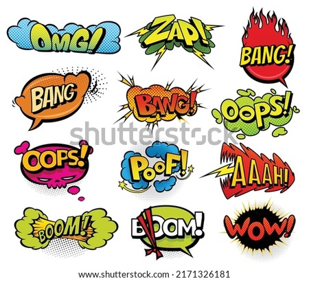 Comic book sound set. Colored hand drawn speech bubbles. Wow, Omg, Boom, Bang sound chat text effects in pop art style