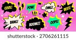 Comic book speech bubbles with 3D sound effects. Cool, Pow, Boom, Bang, Omg action words. Colorful pop art balloons on pink halftone bg. Funny onomatopoeia vector stickers for comix and anime design