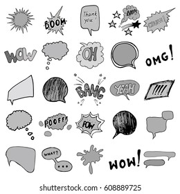 Comic book speech bubbles and cartoon sound effects set. Hand drawn pop art style signs vector illustration