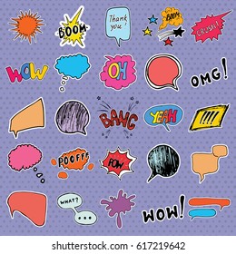 Comic book speech bubbles and cartoon sound effects set. Hand drawn pop art style signs vector illustration