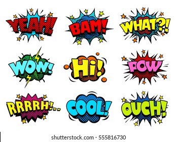 Comic book speech bubbles, cool action sound effect, halftone print texture imitation