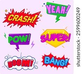Comic book speech bubbles. Crash, boom, bang talk sound effects logos. Superhero comics sticker set. Cartoon comic book sounds bubble set. Vector illustration