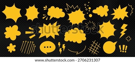 Comic book speech bubbles with dynamic impact effects. Blank pop art frames, action lines, bursts, sparks and star shapes for manga, anime and comics design. Editable empty bubbles for text, stickers