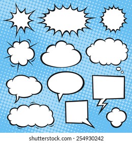 Comic book speech bubbles on a halftone background. Vector format.