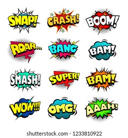 Comic Book Speech Bubbles Set, Cool Blast And Crash Sound Effect, Halftone Print Texture Imitation