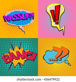 ?olorful comic book speech bubbles set with texts Wassup Bang, with Exclamation point and question mark on a dots pattern backgrounds in pop-art retro style, vector