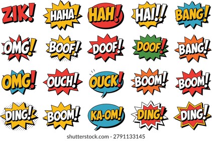 Comic book speech bubbles and sound effects isolated on white background