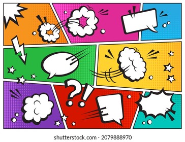 Bande dessinée bulles de discours image vectorielle modèle de page de dessin animé, nuages rétro sur fond mi-teint coloré, ballons de superhéros dans le motif de mise en page du cadre style pop art. Illustration amusante
