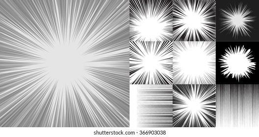 Comic book speed horizontal lines background set of ten editable images with radial and horizontal beams